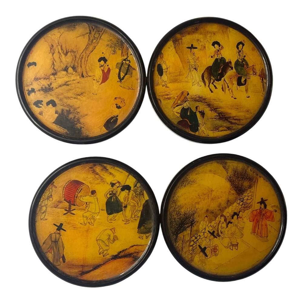 Vtg Collection Set of 4 Round Cork Coasters Shin Yoon-bok Korean Paintings